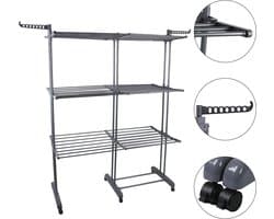 PIPIPOXER- Wasrek Inklapbaar-Droogrek-Staand Droogrek -Uitschuifbare Droogtoren – 3 Verdiepingen – 132 meter Drooglengte- Ruimtebesparend Wasrek -132x49x170 CM- Droogrek op Wielen - grijs