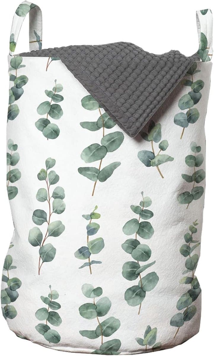 Eucalyptus waszak, aquarel zoals bladeren, wasmand met handgrepen, koordsluiting, voor wasserette, 33 cm breed x 49 cm hoog, lauriergroen wit — afbeelding 1