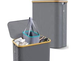 Wasmand 3 vakken – 160 l wassorteerder & wasverzamelaar met deksel – bamboeframe en stabiele metalen ringen – opvouwbaar, smal & met 3 uitneembare, wasbare zakken – grijs