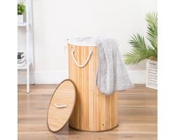 Grote Ronde Bamboe Wasmand met deksel - 80 L - Wasmand 1 Vak met stoffen waszak - Opvouwbaar - Wassorteerder Rond — afbeelding 1