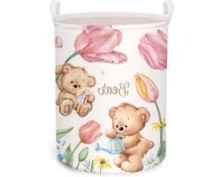 Roze teddybeer tulpenbloem kinderwasmand met deksel - ronde opbergmand voor babykamer - 36 x 45 cm