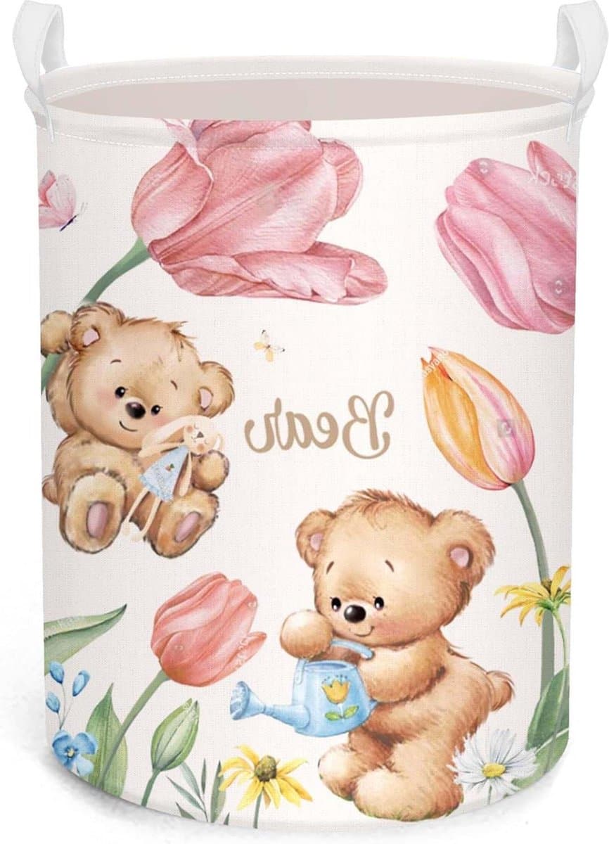 Roze teddybeer tulpenbloem kinderwasmand met deksel - ronde opbergmand voor babykamer - 36 x 45 cm — afbeelding 1