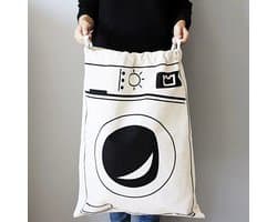 Allernieuwste.nl® Waszak met Wasmachine Print - Wasgoed Opbergtas met Trekkoord - Badkamer Was Zak - Laundry Bag - wit-zwart - 65 x 47 cm — afbeelding 1