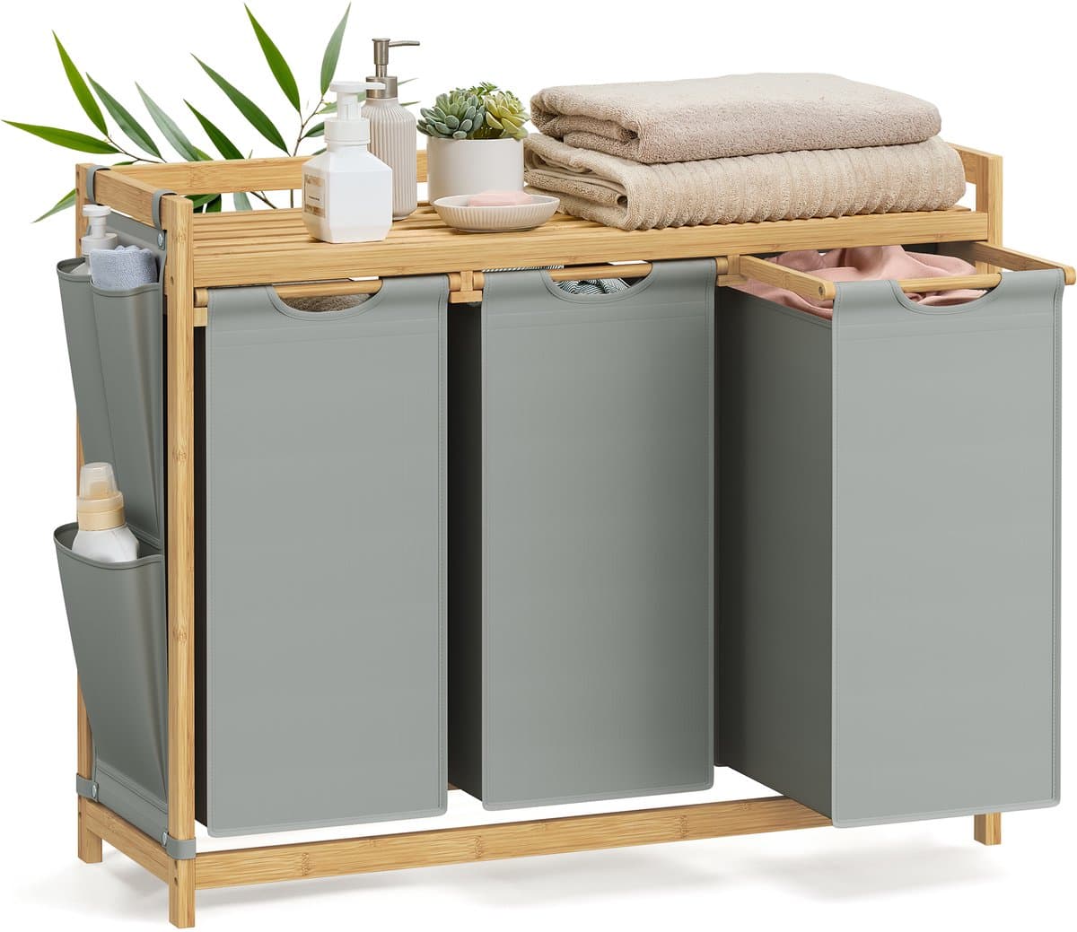SONGMICS RLH115G01 - Wasmand met 3 Vakken - Bamboe - 150L Capaciteit - Met Opbergrek — afbeelding 1