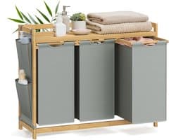 SONGMICS RLH115G01 - Wasmand met 3 Vakken - Bamboe - 150L Capaciteit - Met Opbergrek