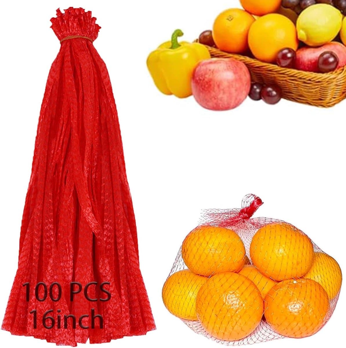 Herbruikbare Netzakken - Opbergzakken Gaas - Groente Fruit Opslag - Ademend Nylon Materiaal - 40cm Groot - Rood — afbeelding 1