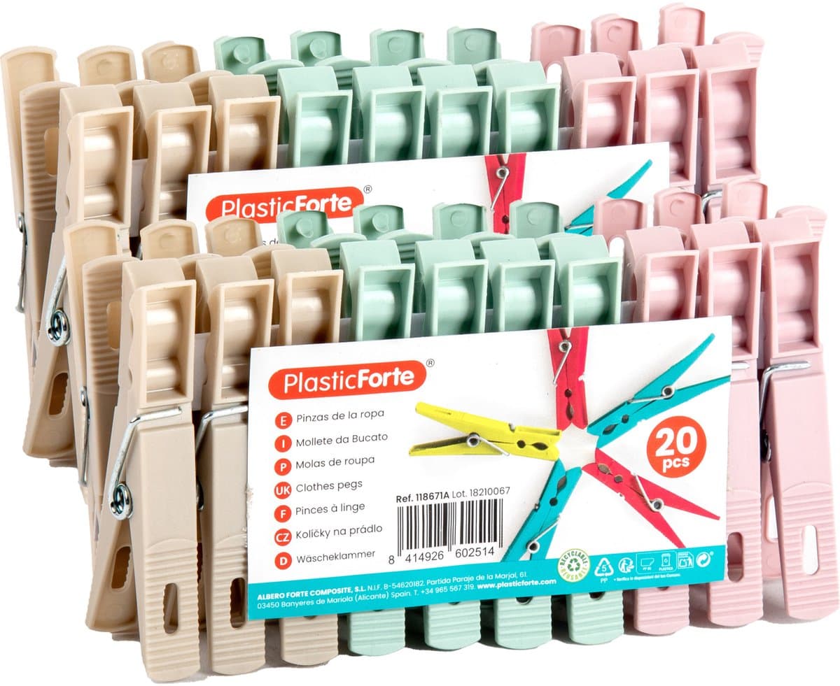 Plasticforte Wasknijpers - 40x stuks - pastel kleuren mix - kunststof - 7 cm - Was ophangen — afbeelding 1