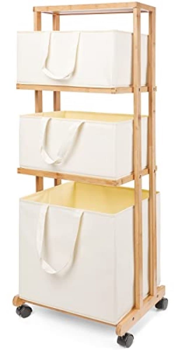 Bamboe wassorteerder met wieltjes - 3-laags wasrek met 4 opbergmanden, 121 cm hoog, 50 kg belastbaar, ruimtebesparend design voor badkamer en bijkeuken — afbeelding 1