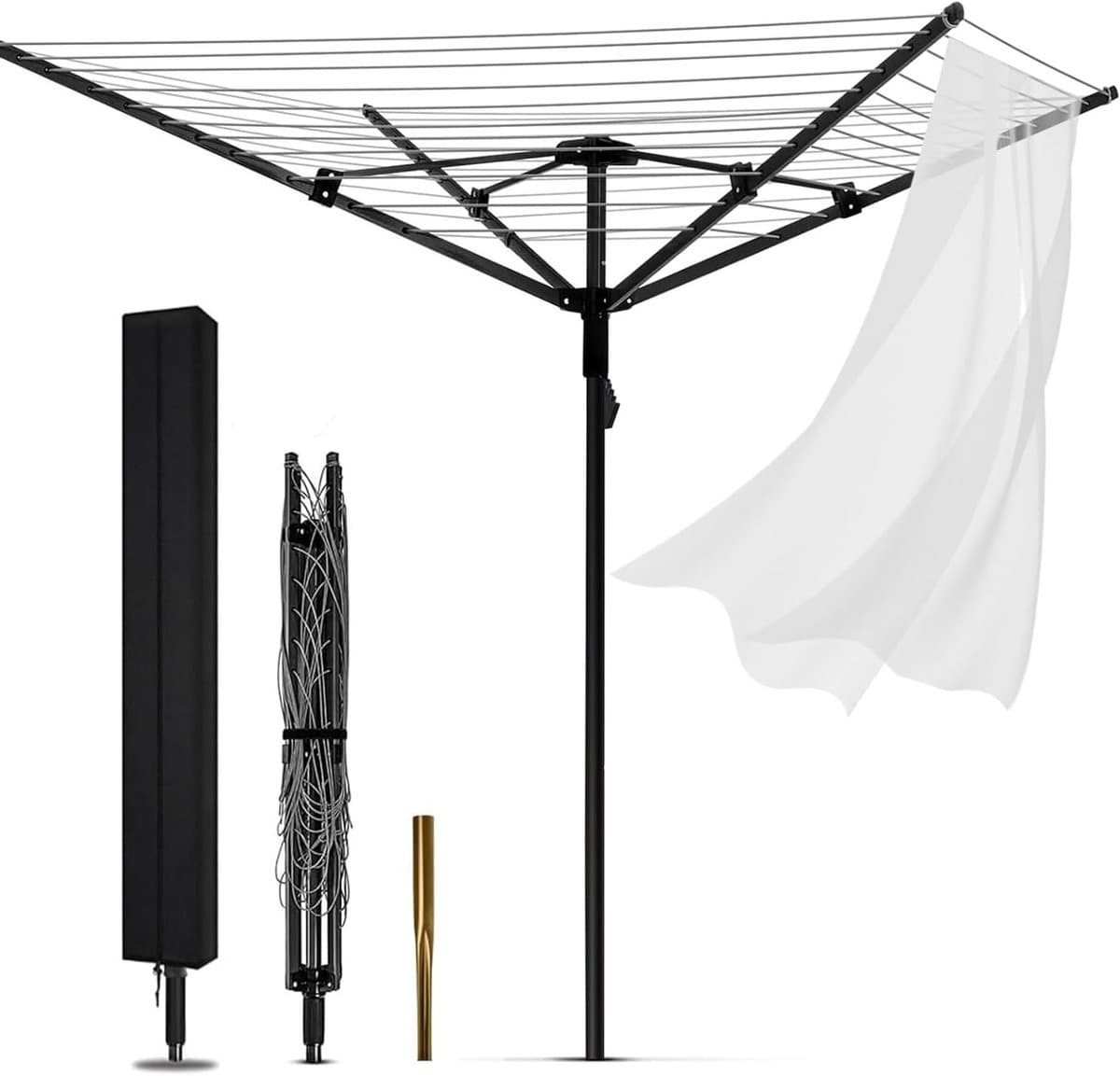 Vouwbare 4-armige 50m droogtoren, verstelbare droogrek met hoes en waslijnspike voor buitengebruik in de tuin, ideaal voor het drogen van kleding en linnengoed — afbeelding 1