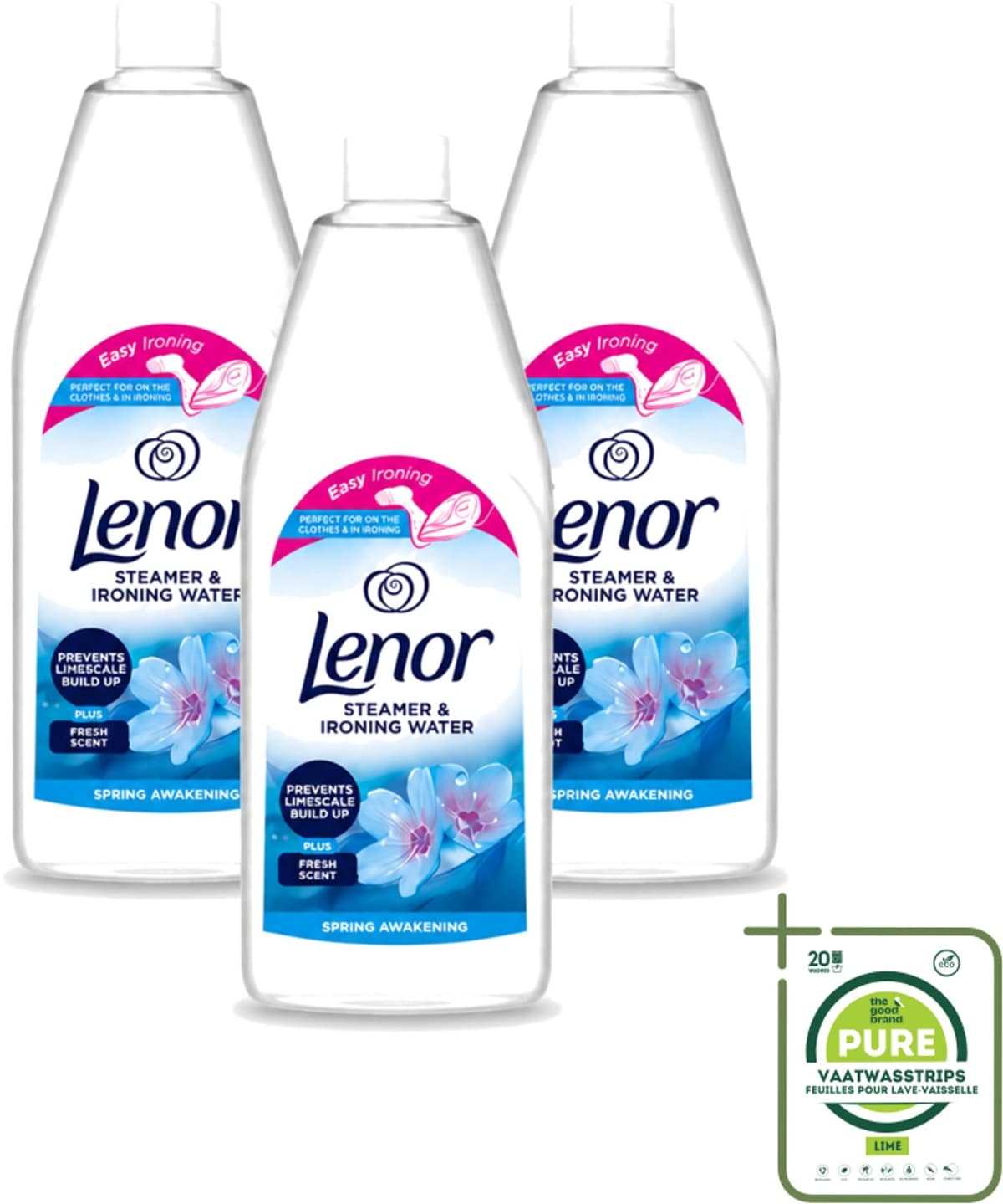 3 x Lenor - Strijkwater - Spring Awakening - Textielverfrisser - 1000 ml - Grootverpakking - Vaatwasstrips - Strijkwater - Textielverfrisser - Wasgoed Fris - Bloemige Geur - Kleding Verzorgen — afbeelding 1