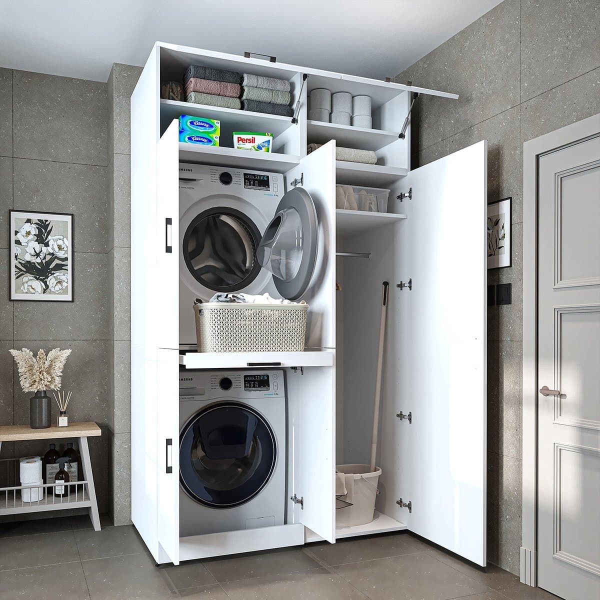 Roomart DORA-I Wasmachine Ombouwkast 130x230 cm met Opzetkast - Wit — afbeelding 1