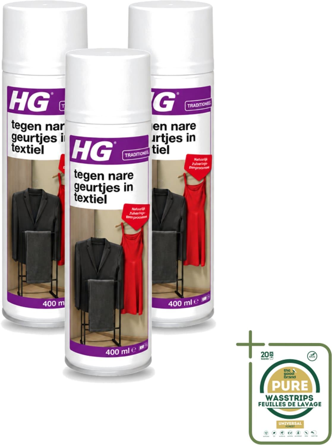 3 x HG - Tegen Nare Geurtjes In Textiel - Natuurlijk Zuiveringsproces - Veilig Voor Alle Textiel - 400 ml - Geurverwijdering Textiel - Stankmoleculen Oplossen - Textiel Reinigen - Geur In Kleding - Geur In Gordijnen — afbeelding 1