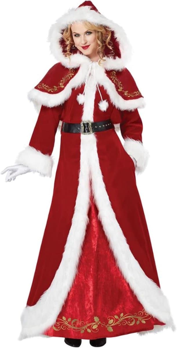 Kostuum voor dames Jurk met capuchon voor Kerstmis Rode warme fluwelen verkleedjurk Kerstman Cosplay Kostuum,Rood,XL — afbeelding 1