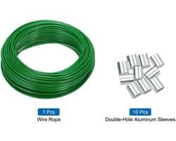 - Kabel - 30 m - Voor het ophangen van lampen en decoraties - Groen - Geschikt voor tuin en feesten - Inclusief 10 aluminium sleeves