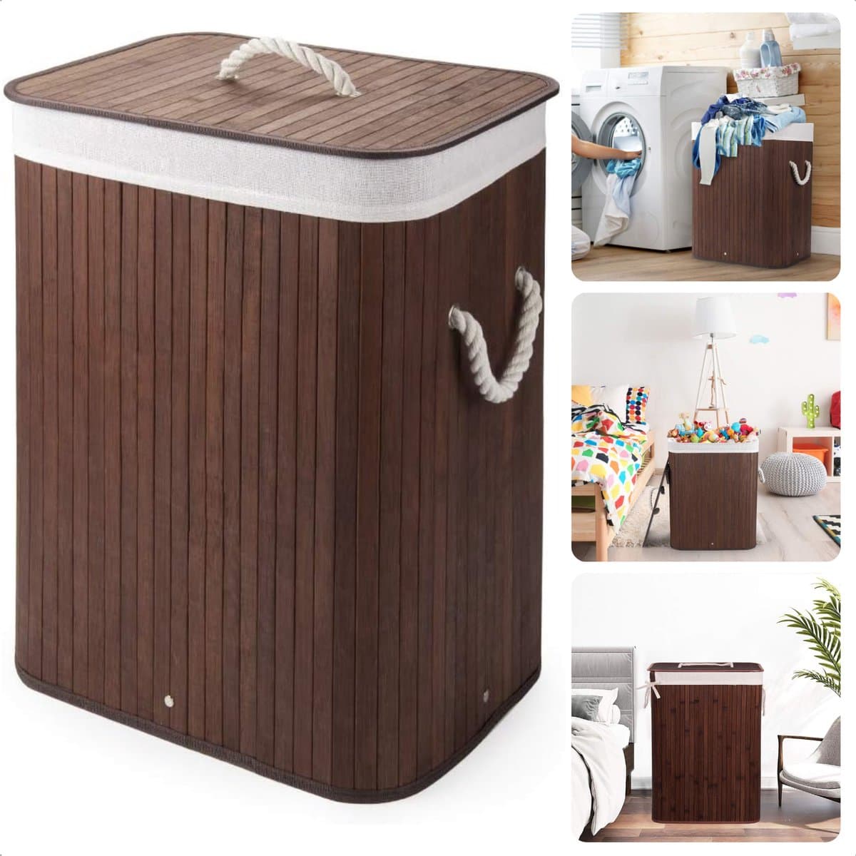 Bamboe Wasmand met Waszak - Opvouwbaar Met Deksel - Wassorteerder - 72L - Bruin — afbeelding 1