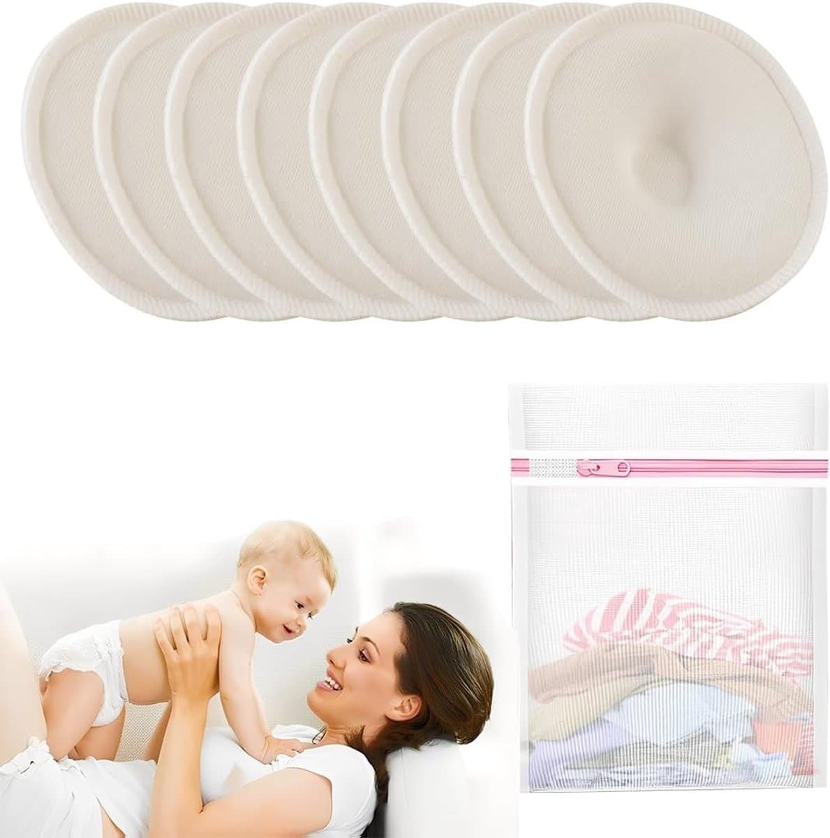 Set van 8 Herbruikbare Borstvoedingspads, 3D Contour Ontwerp, Ademend en Lekvrij, Super Absorberend en Wasbaar met Wasnet — afbeelding 1