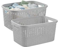 Plasticforte Wasmand - 2x - 35 liter - rotan - licht grijs - kunststof - 53 x 36 x 26 cm - draagmand - met handvatten - lichtgewicht