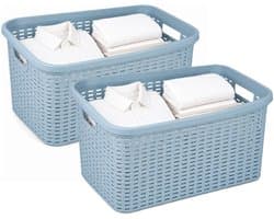Plasticforte Wasmand - 2x - 35 liter - rotan - blauw - kunststof - 53 x 36 x 26 cm - draagmand - met handvatten - lichtgewicht