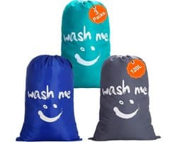 Set van 3 Waszakken, 120 L, Lichtgewicht Nylon Reiszak met Trekkoord, Ideaal voor Kamperen, Reizen en Thuisgebruik, Donkergrijs + Blauw + Donkerblauw