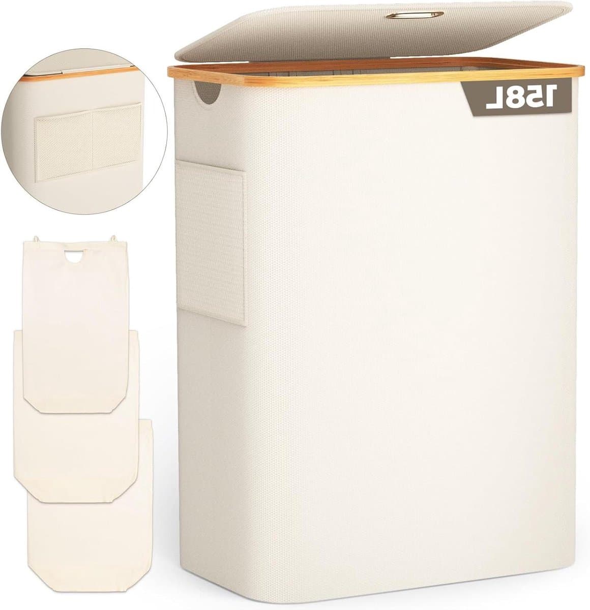 Wasmand met deksel - Kleding organizer - Kleding sorteren - Drie uitneembare vakken - 158 liter - Beige — afbeelding 1