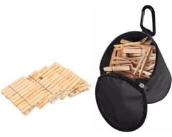 Wasknijpers tasje met haak en 100 stuks houten wasknijpers - Was ophangen - handige huishouden artikelen