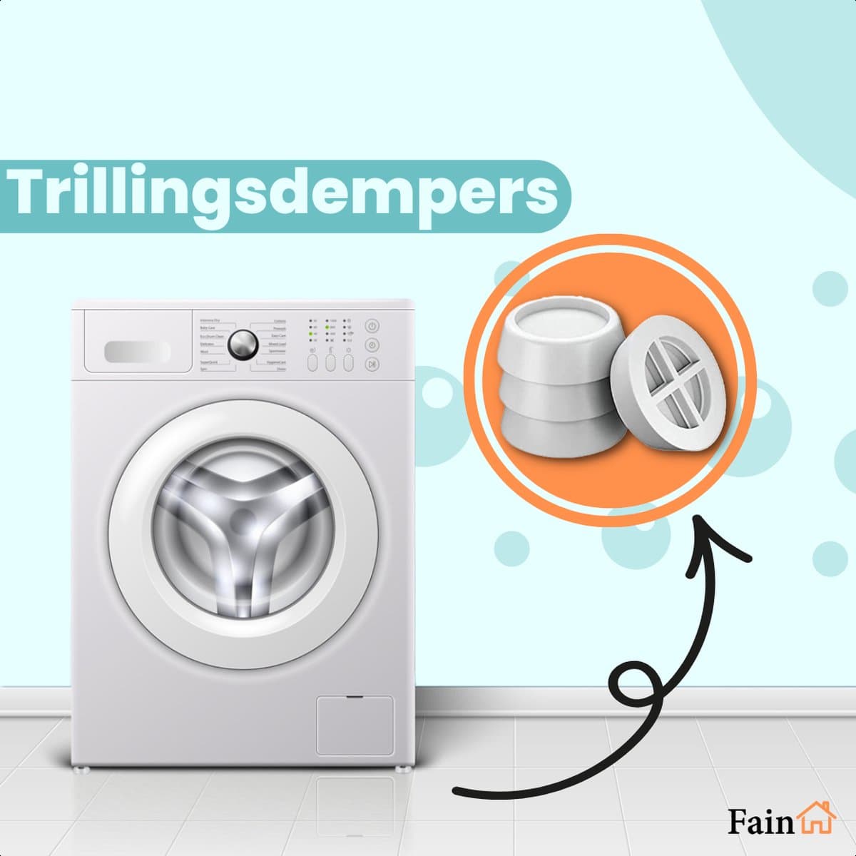 Fain - Trillingsdempers wasmachine – Set van 4 stuks – Wit - Voetjes wasmachine & droger - Wasmachine demper – Anti trillings / vibratie dempers pads – Antislip rubber – Trillingsmat – Antislipmat - Extra dik — afbeelding 1