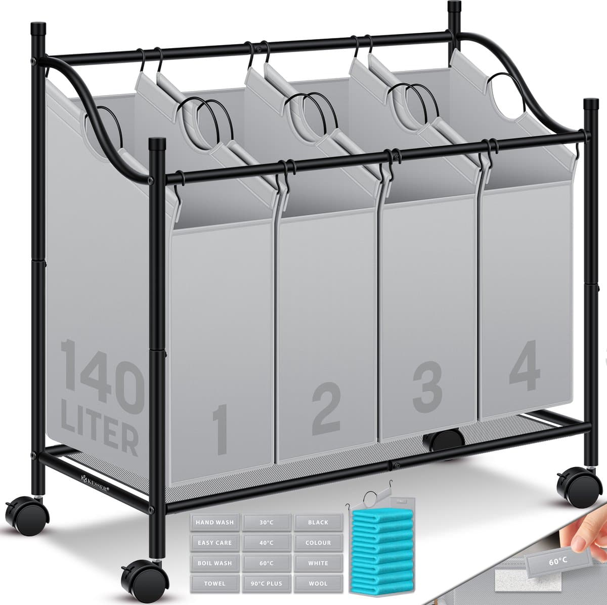 KESSER® Wasmand op Wieltjes met 4 Uitneembare Vakken - Wassorteerder Waszak - Grijs — afbeelding 1
