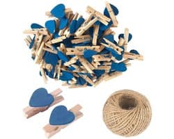 100 stuks blauwe mini houten hart wasknijpers 3 cm - natuurlijke houten foto clips voor creatieve decoratie