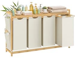 Wasmand 4 Vakken - Bamboe Laundry Sorter - 200L - Met Opbergplank & Zijvakken - Wit