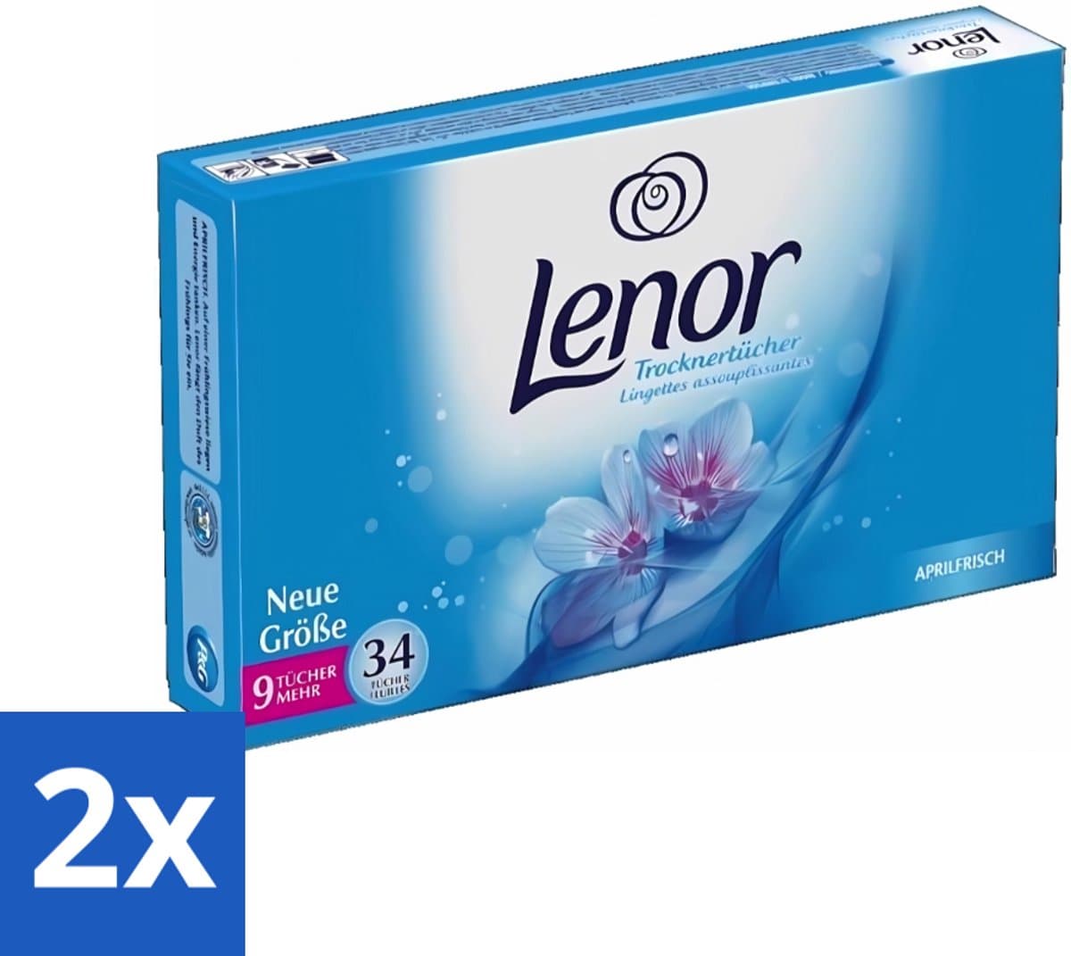 2 x Lenor - Droogtrommeldoekjes - Aprilfris - Textielverfrisser - 34 Doekjes - Droogtrommeldoekjes - Frisheid - Wasdoekjes - Statische Elektriciteit - Textielverfrisser — afbeelding 1