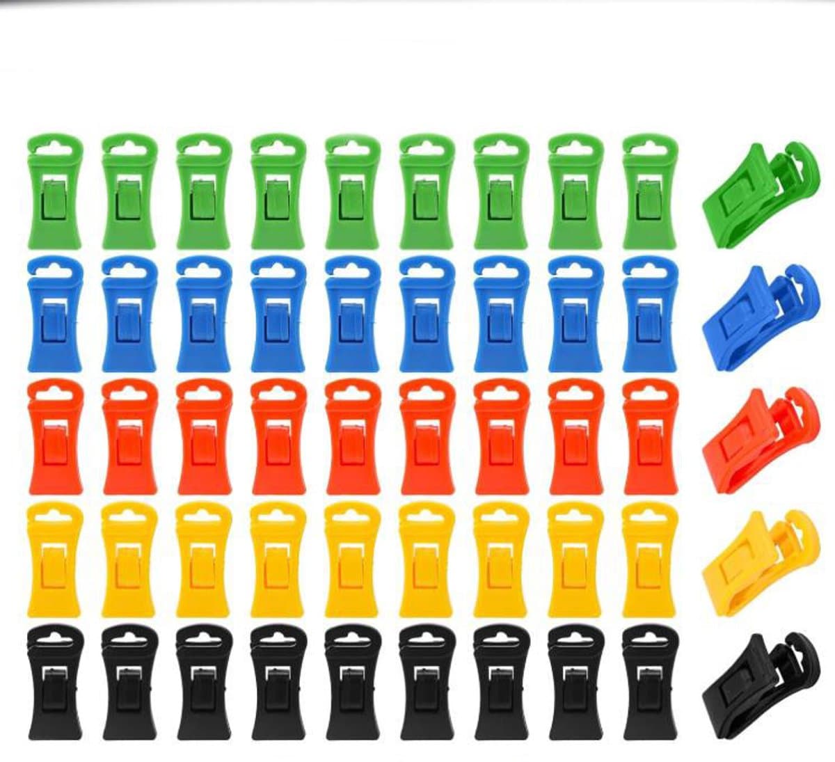 Sokkenclips - 50 stuks - Droogrek tegen verlies - Sokkenhouders - Plastic - Antislip wasknijpers - Sokkenclips voor wasmachine en droger - Kleurrijke sokkendroogclips - Waslijnknijpers - 3×1.3cm - 5 kleuren — afbeelding 1