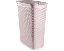 Plasticforte Smalle Wasmand met deksel Rotan - roze - gevlochten kunststof - 48 liter - 27 x 46 x 60 cm — afbeelding 1