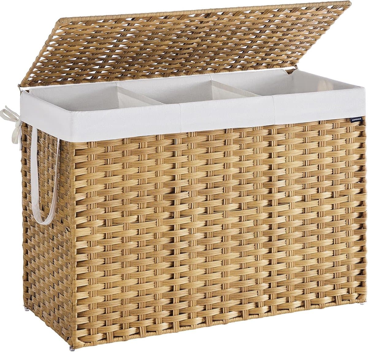 SONGMICS Wasmand 200 L, Kunststof Rattan Opbergmand met Deksel en Handgrepen, Wicker-look, Opvouwbaar, Uitneembare Voering, voor Dekens of Kleding in Woonkamer of Wasruimte – Naturel – Model LCB320Y01 — afbeelding 1