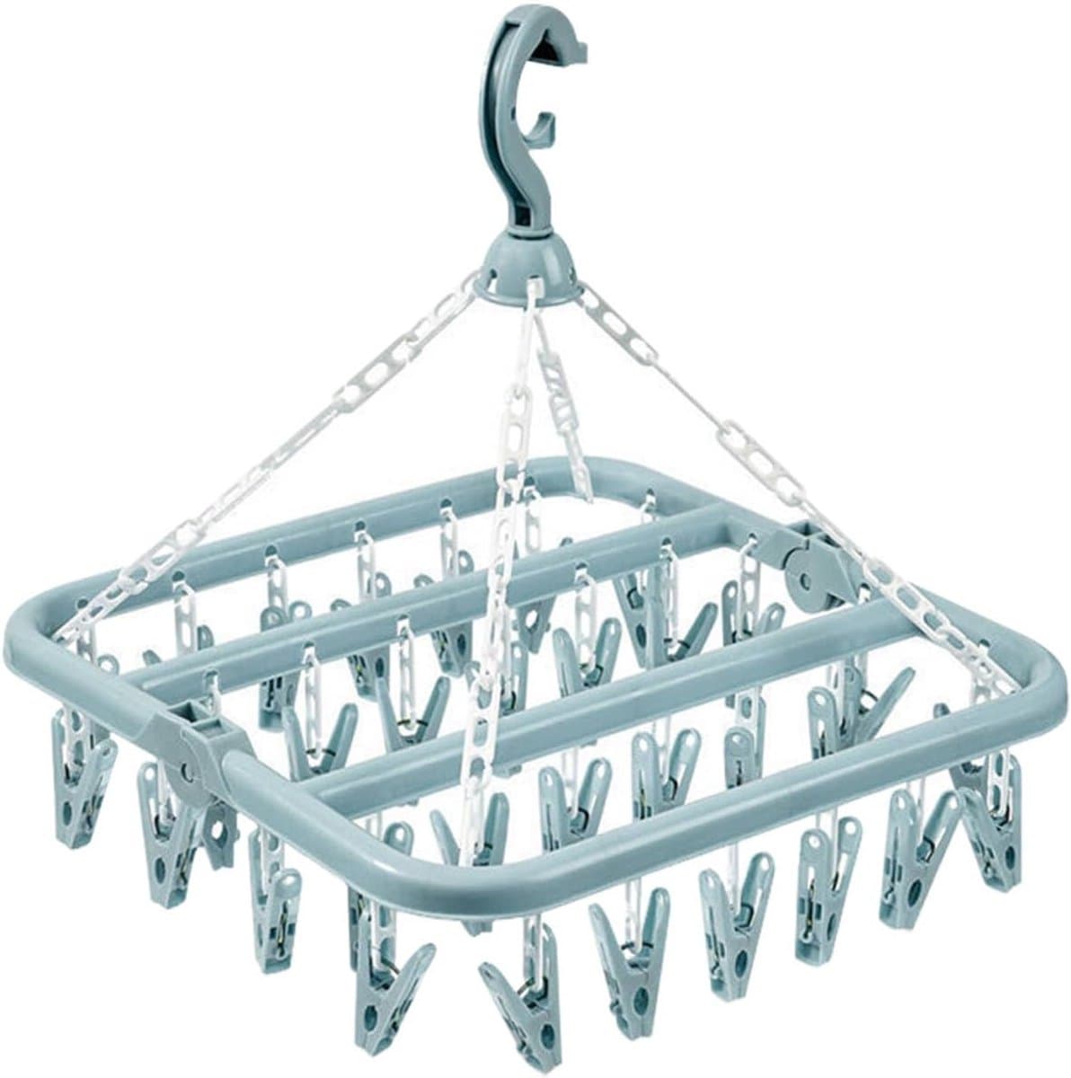 Blauw - Sokken droogrek, 32 clips hangend droogrek, binnen en buiten droogrek, hangend, draaibaar, opvouwbaar, geschikt voor sokken, ondergoed en kleine kledingstukken — afbeelding 1
