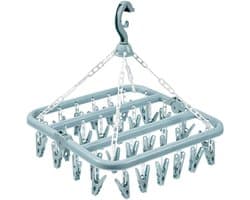 Blauw - Sokken droogrek, 32 clips hangend droogrek, binnen en buiten droogrek, hangend, draaibaar, opvouwbaar, geschikt voor sokken, ondergoed en kleine kledingstukken