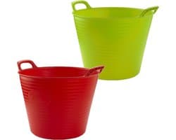 Voordeelset van 2x stuks kunststof flexibele emmers/wasmanden/kuipen 25 liter in het rood/groen 42 x 33 cm
