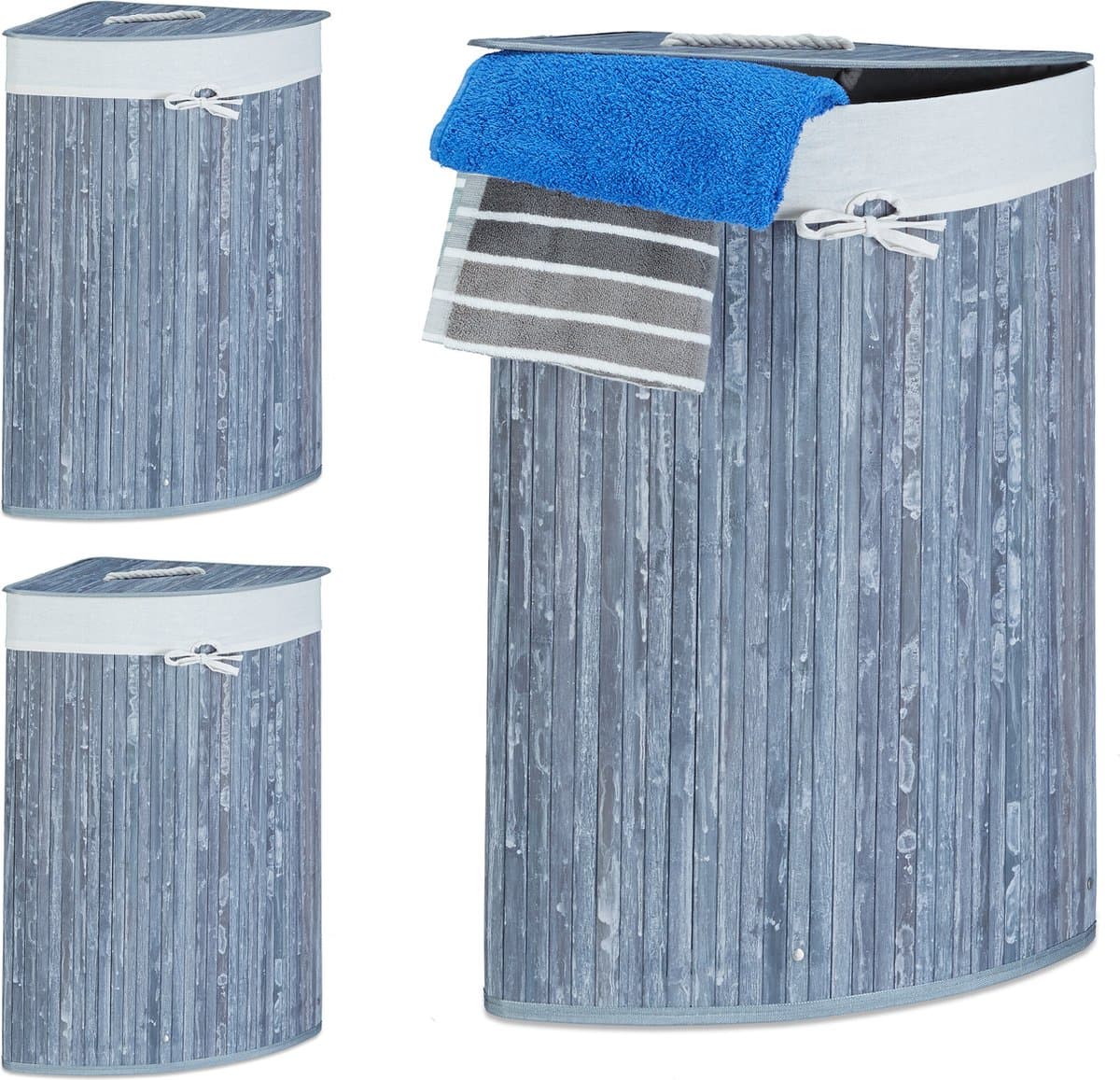 3x wasmand hoekmodel bamboe - 60 liter - deksel - wasbox - driehoekig - grijs — afbeelding 1