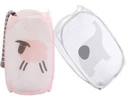 2 Stukken Vuile Kledingmand - Mesh Pop Up Wasmanden - Opvouwbare wasmand - 30x50cm - Speelgoedmand Kinderen - Wasbox Opvouwbaar - Laundry basket - Wasmanden - Opbergmand voor Badkamer - Waszak (roze, grijs) — afbeelding 1