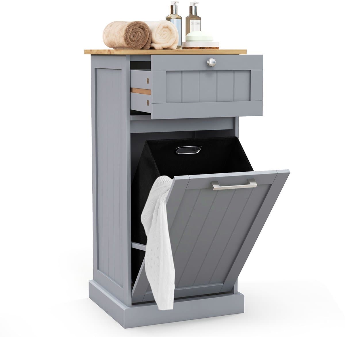 COSTWAY Waskast met wasmand, wasverzamelaar met lade, tafelblad van bamboe, badkamerkast, badkamerkast voor badkamer, bijkeuken, 40 x 37 x 82 cm (grijs) — afbeelding 1