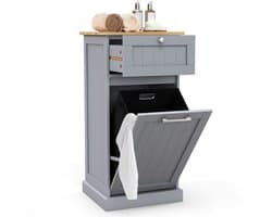 COSTWAY Waskast met wasmand, wasverzamelaar met lade, tafelblad van bamboe, badkamerkast, badkamerkast voor badkamer, bijkeuken, 40 x 37 x 82 cm (grijs)