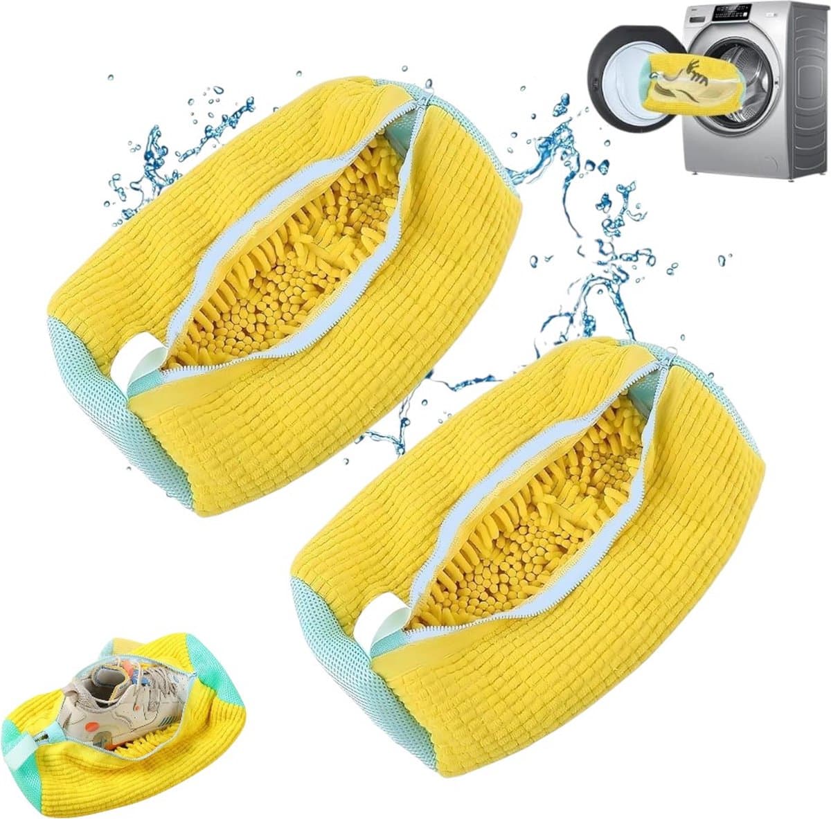 2-pack wasmachine schoenenzakken, herbruikbare schoonmaak schoenenzakken, schoen schoonmaak zakken met rits, mesh waszakken, geschikt voor de meeste soorten en maten schoenen (geel) — afbeelding 1