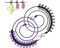 Waslijnen met Clips - Reiswaslijn Kampeerlijn - Kleding Drogen Buiten - 12 Gecoate Clips - Tot 360 cm - Zwart