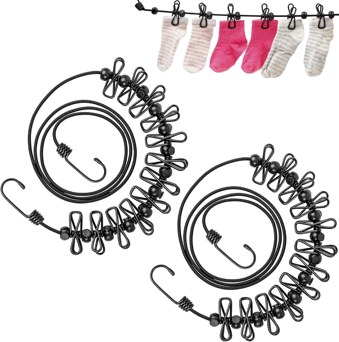 Draagbare Waslijn - Met Wasknijpers - Winddichte Reiswaslijn – uitbreidbaar en instelbaar - Elastisch – camper accessoires - voor binnen en buiten - Zwart - 2 stuks — afbeelding 1