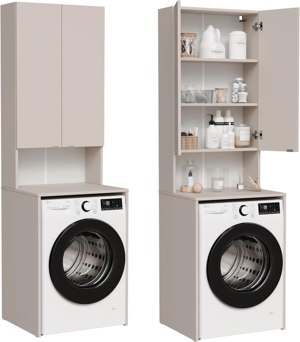 Wasmachinekast - Badkamerkast Hoge kast - Opbergen Wasruimte - Vochtafstotend Krasbestendig - 210 x 65 cm - Beige — afbeelding 1