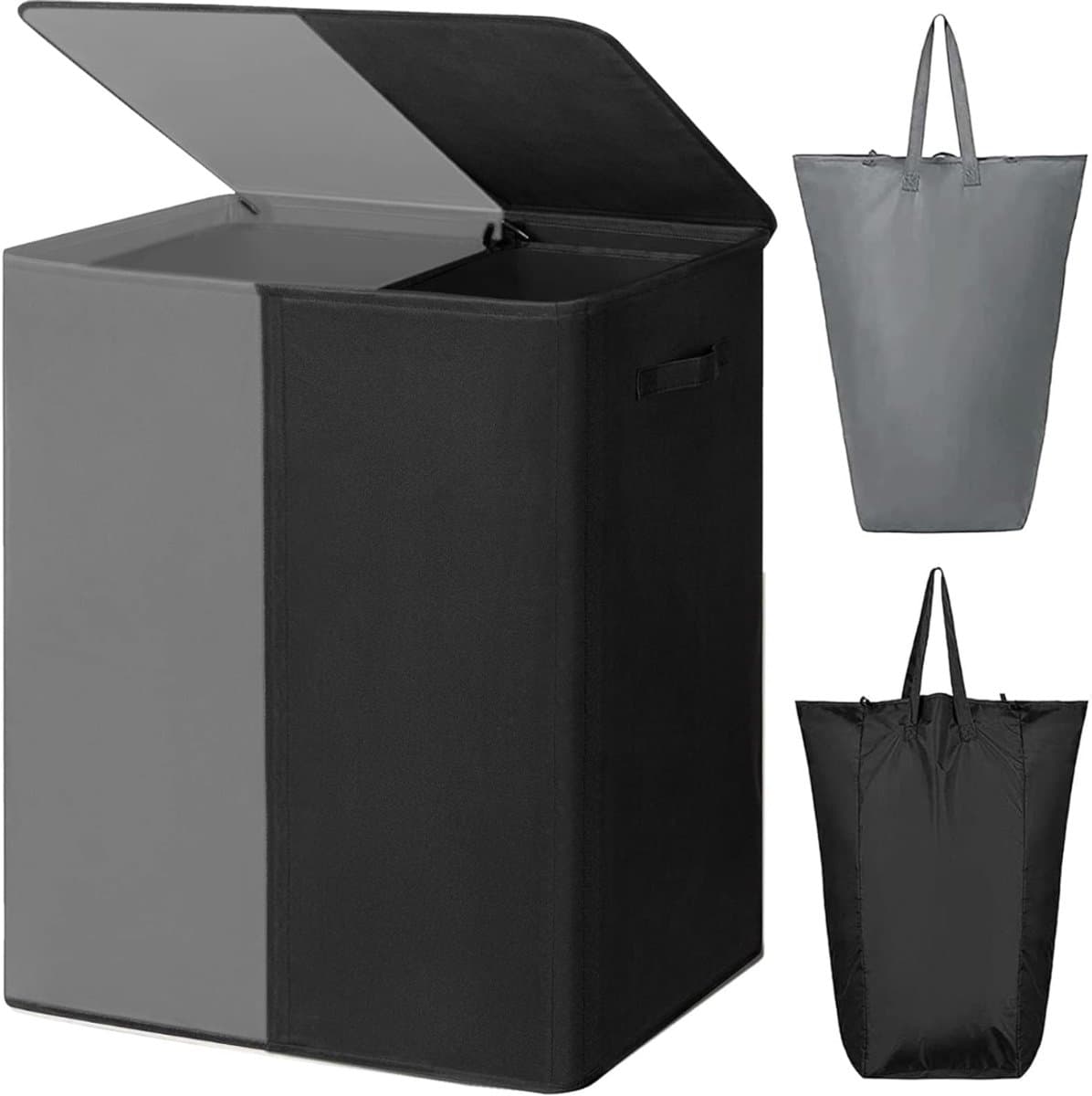 KAD® Wassorteerder - Dubbele Wasmand - Wasmand 2 Vakken - Wasmand - Grijs/Zwart - 63cm x 36cm x 68cm — afbeelding 1