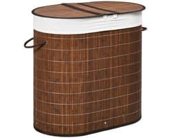 Bamboe Wasmand 100L met Deksel 62,5x37x60,5cm Bruin 2 Vakken Uitneembare Zakken Ventilatiegaten Handgrepen voor Badkamer Slaapkamer