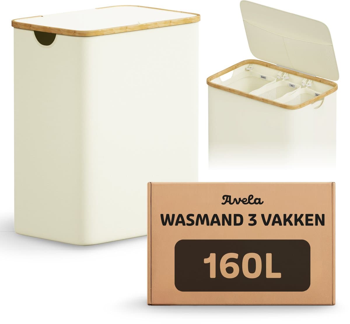 Avela Wasmand 3 vakken met deksel - 160L - Beige - Wassorteerder — afbeelding 1