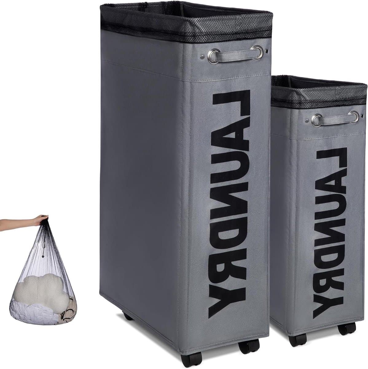 Wasmand op wielen - Opvouwbare opberger - Ruimtebesparend opbergen - Slank en hoog design - 70 Liter - Grijs — afbeelding 1