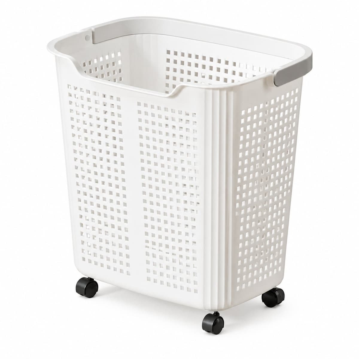 Grote witte wasmand op wielen, 36 x 26 x 33,5 cm, opengewerkte wanden en twee handgrepen, voor wasgoed en speelgoed — afbeelding 1