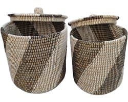 Wasmand met deksel – zeegras – set van 2 – 40 en 65 l – naturel zwart wit